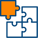 Vier Puzzle-Teile, eins orange hervorgehoben, steht für individuelle Lerninhalte
